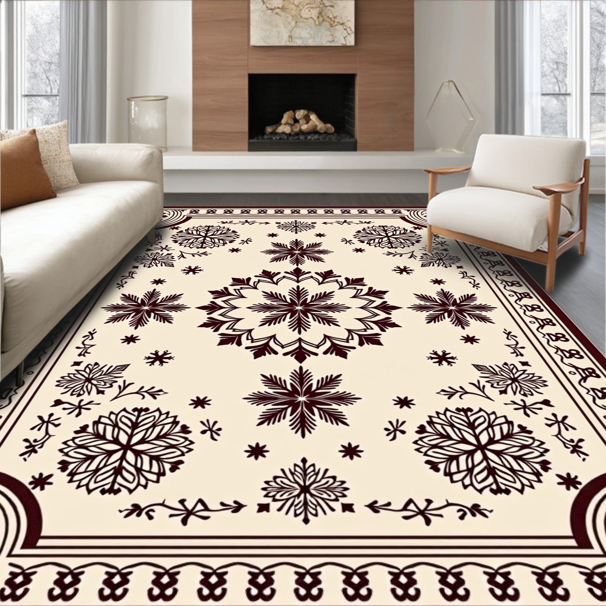 Dark Crimson Snowflake Floral Medallion Rug
