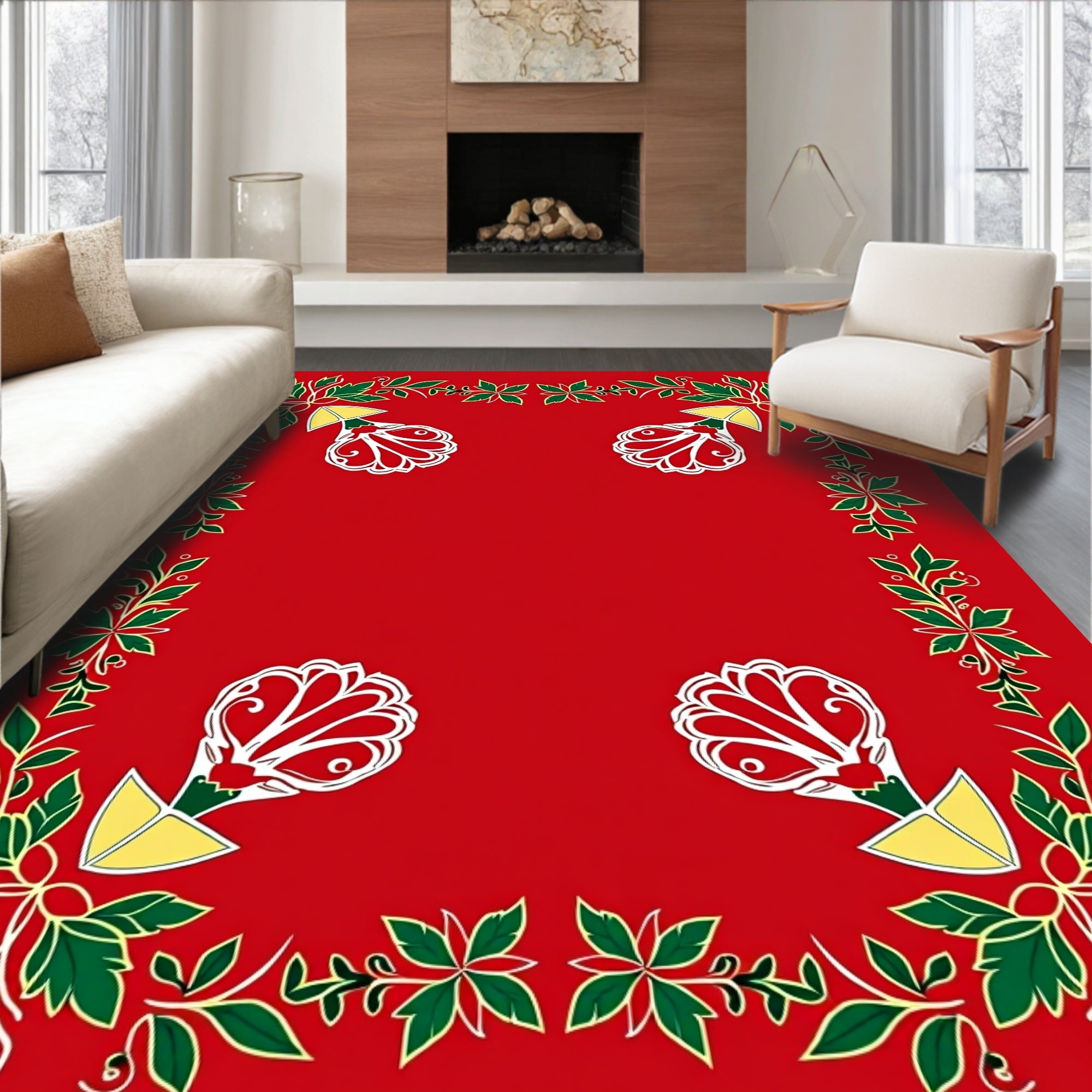 Festive Red Floral Leaf Border Rug