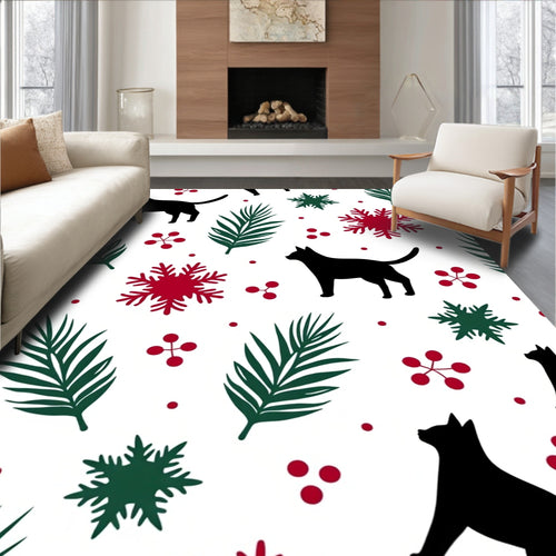 Black Cat Evergreen Snowflake Scatter Rug