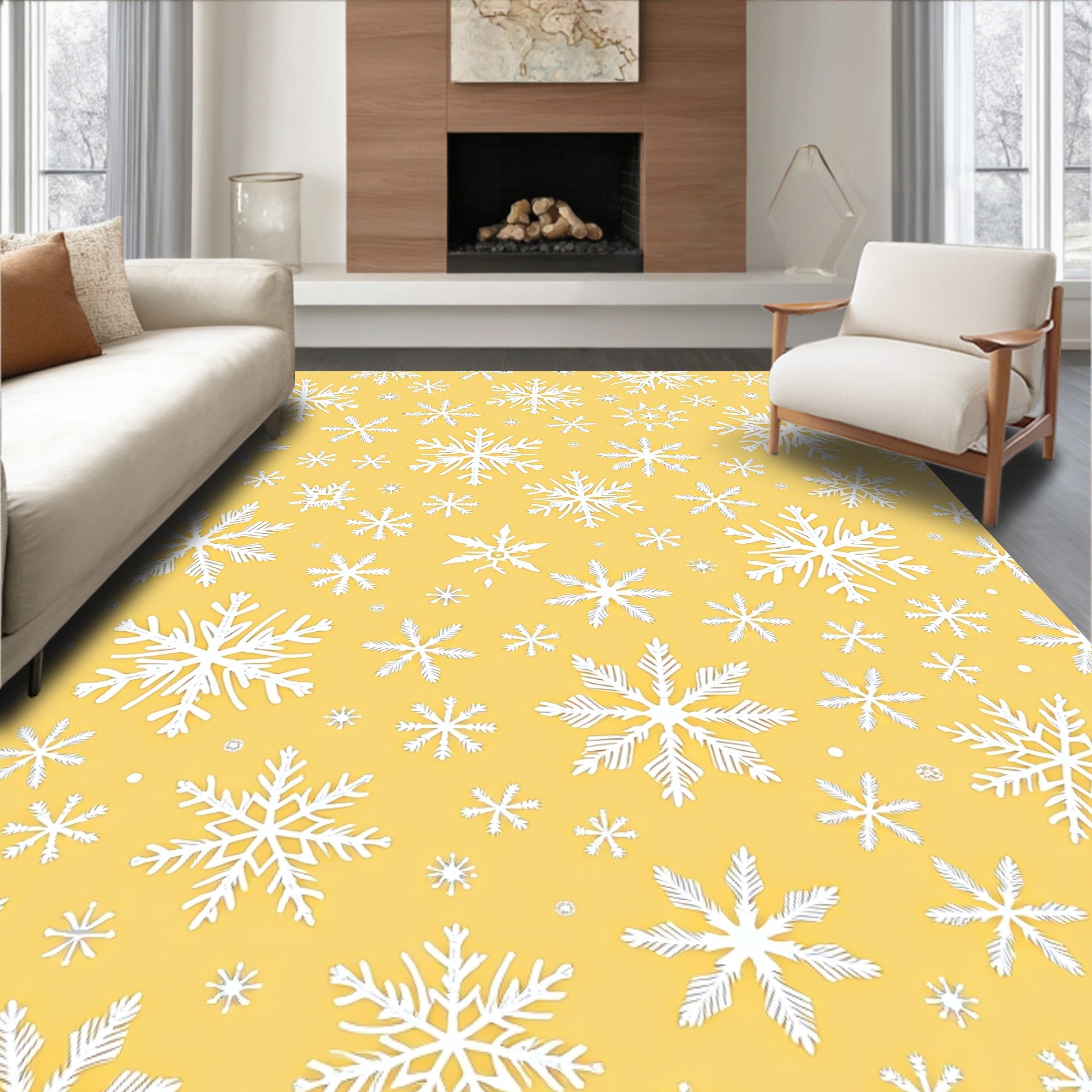 White Snowflake Scatter Yellow Background Rug