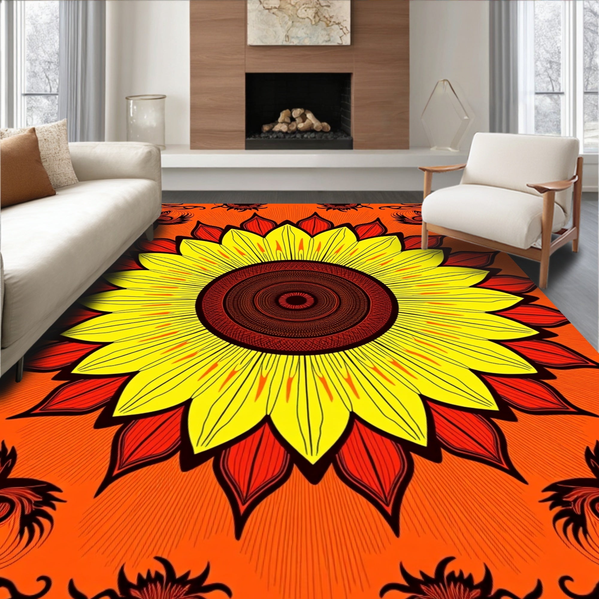 Bold Sunburst Yellow Red Floral Rug