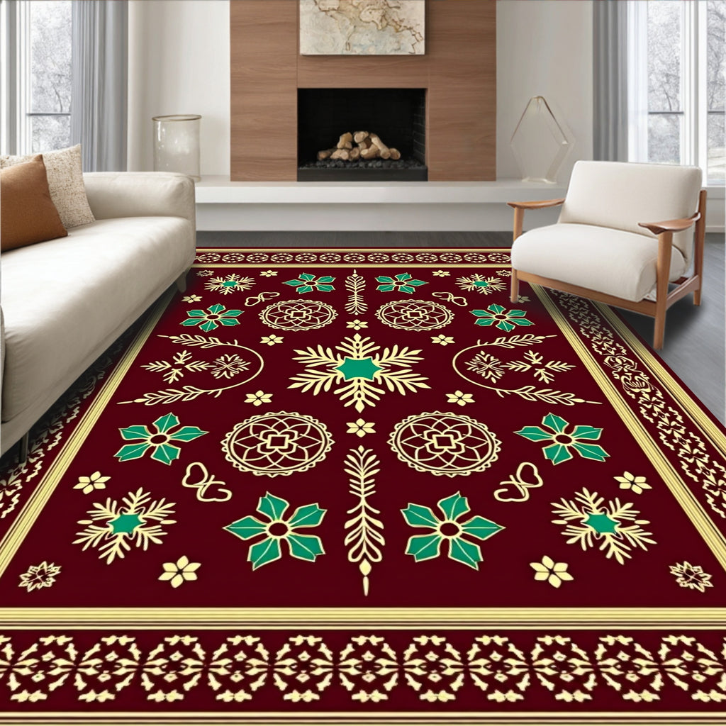 Maroon Teal Golden Floral Starburst Rug