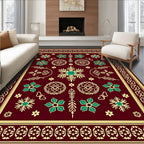 Maroon Teal Golden Floral Starburst Rug