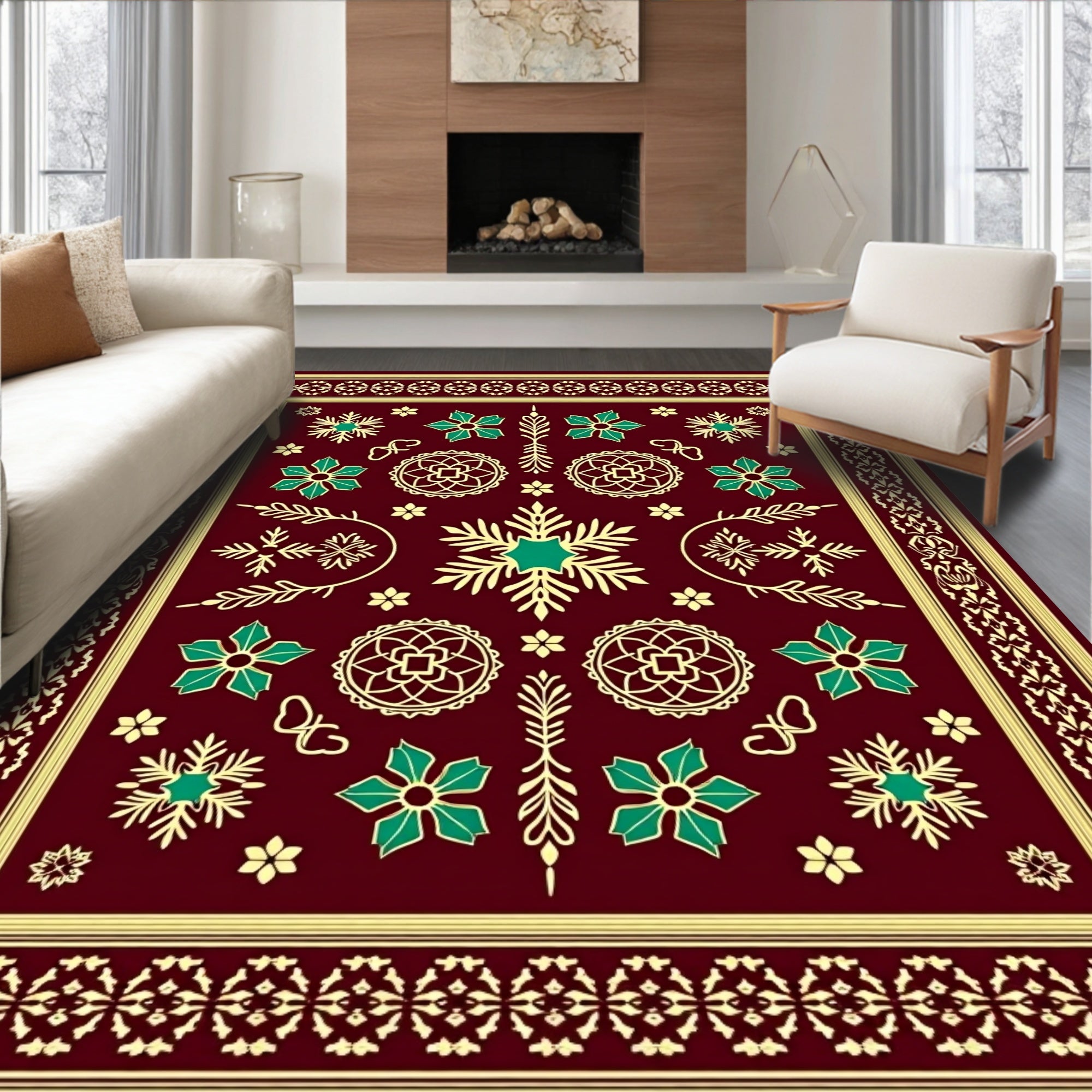 Maroon Teal Golden Floral Starburst Rug