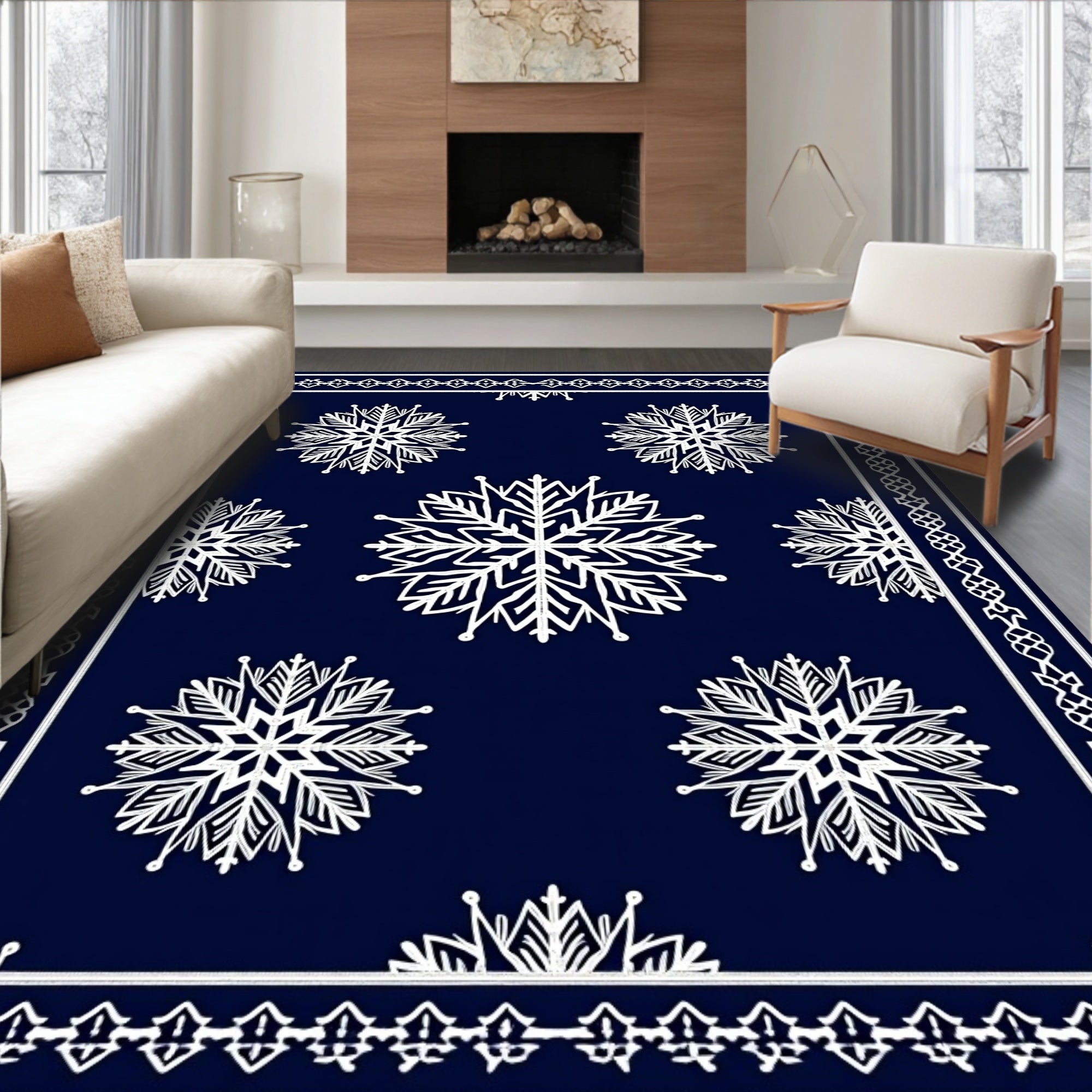 Deep Blue White Snowflake Mandala Runner Rug