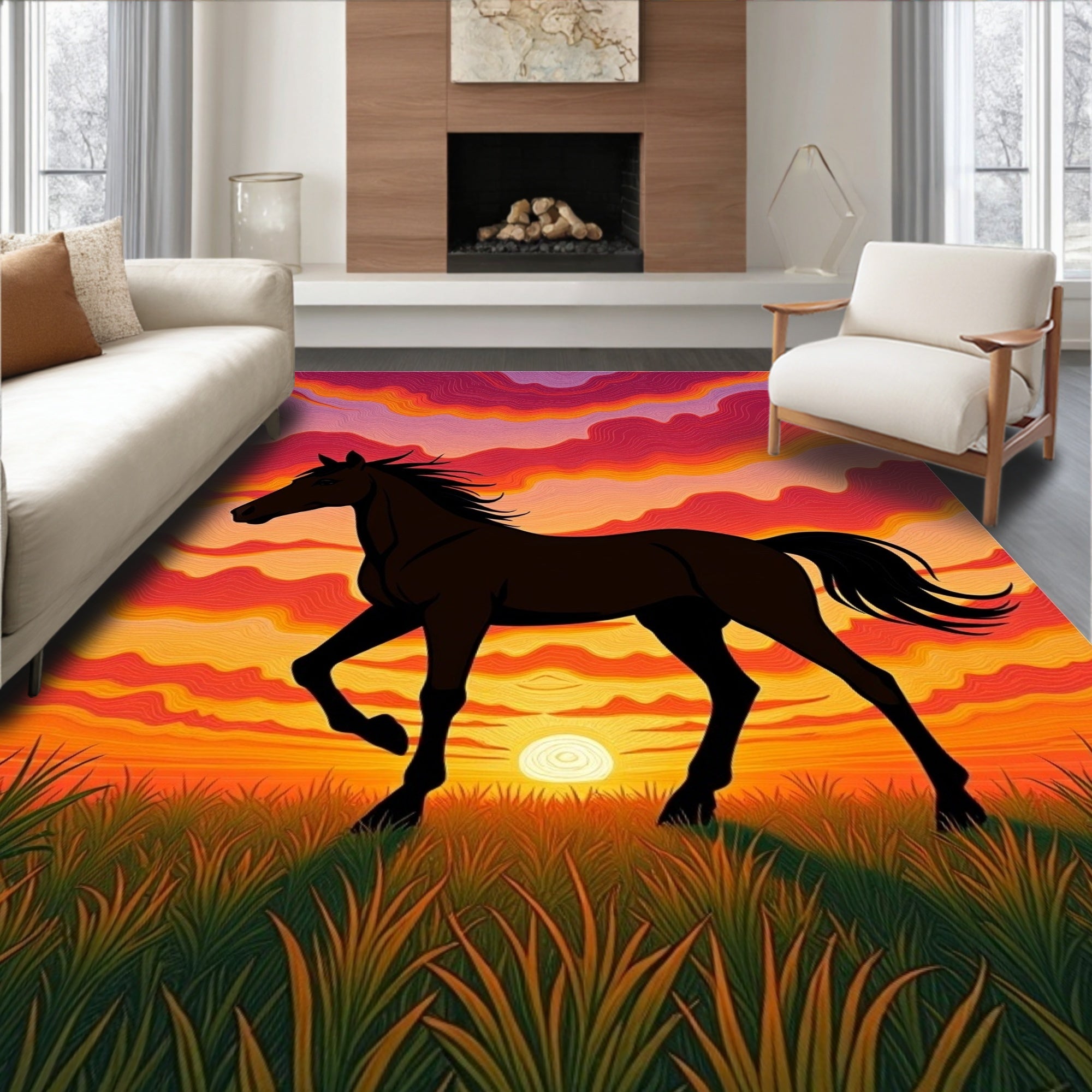 Sunset Horse Silhouette in Grassy Field Rug