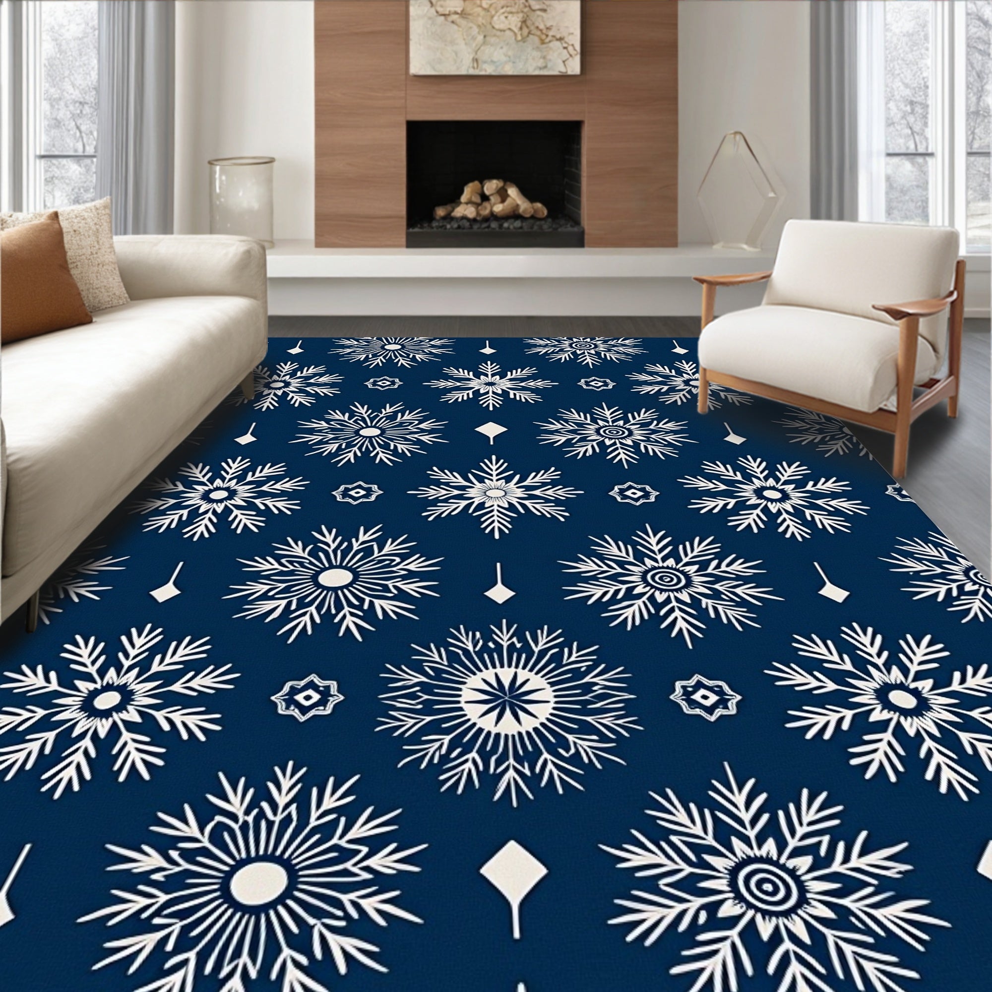 Navy Blue Snowflake Winter Wonderland Rug