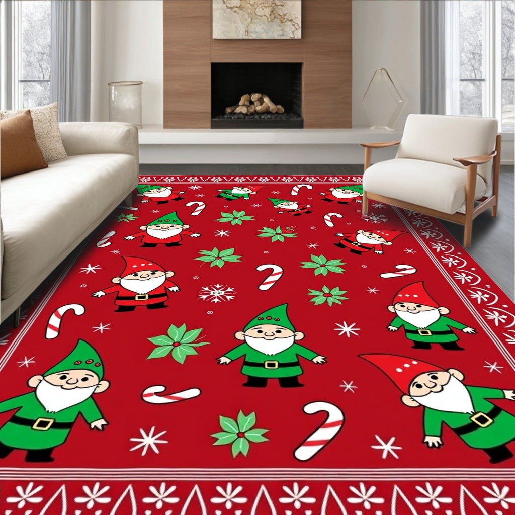 Red Festive Gnomes Candy Cane Holiday Rug