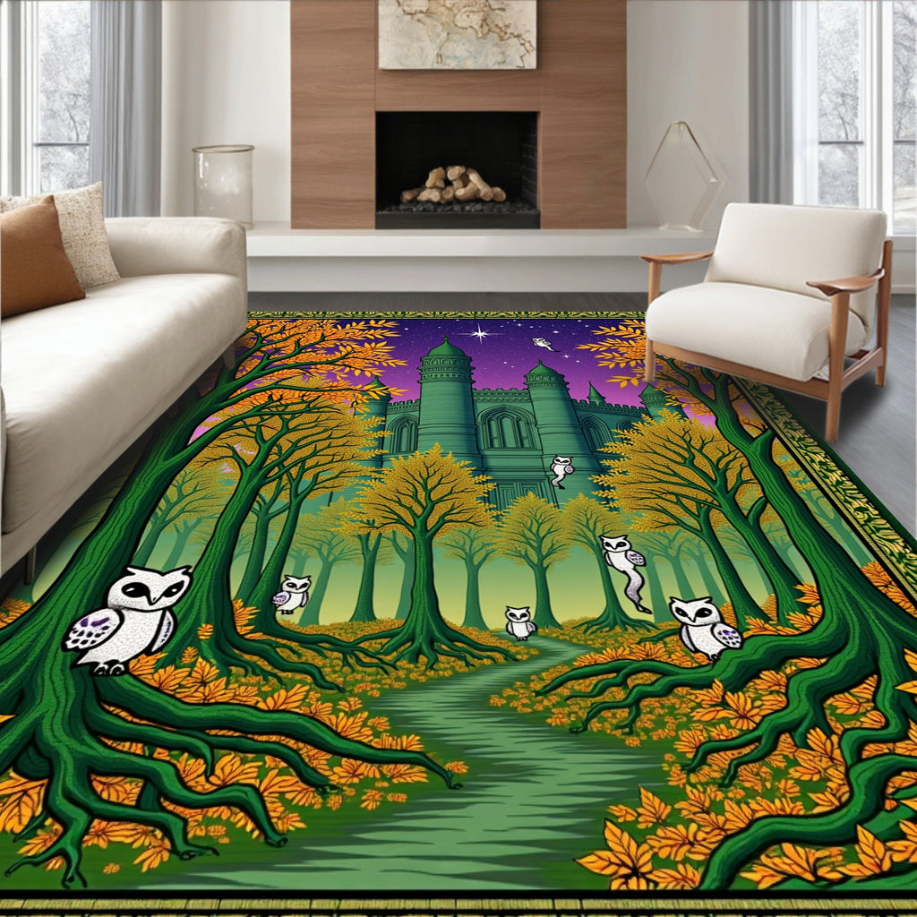 Mystical Green Castle Forest Owls Rug