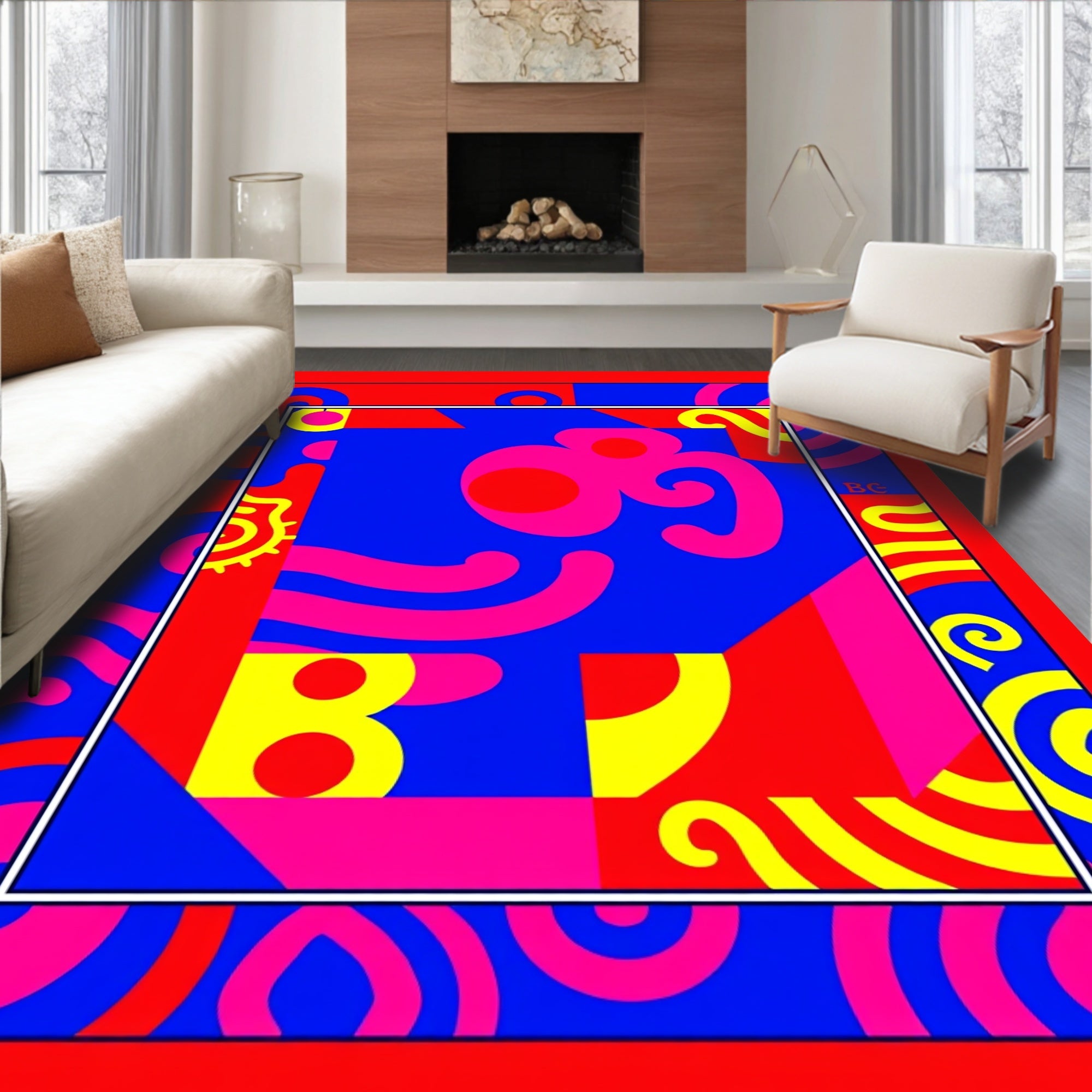 Bold Red Blue Abstract Swirls Rug