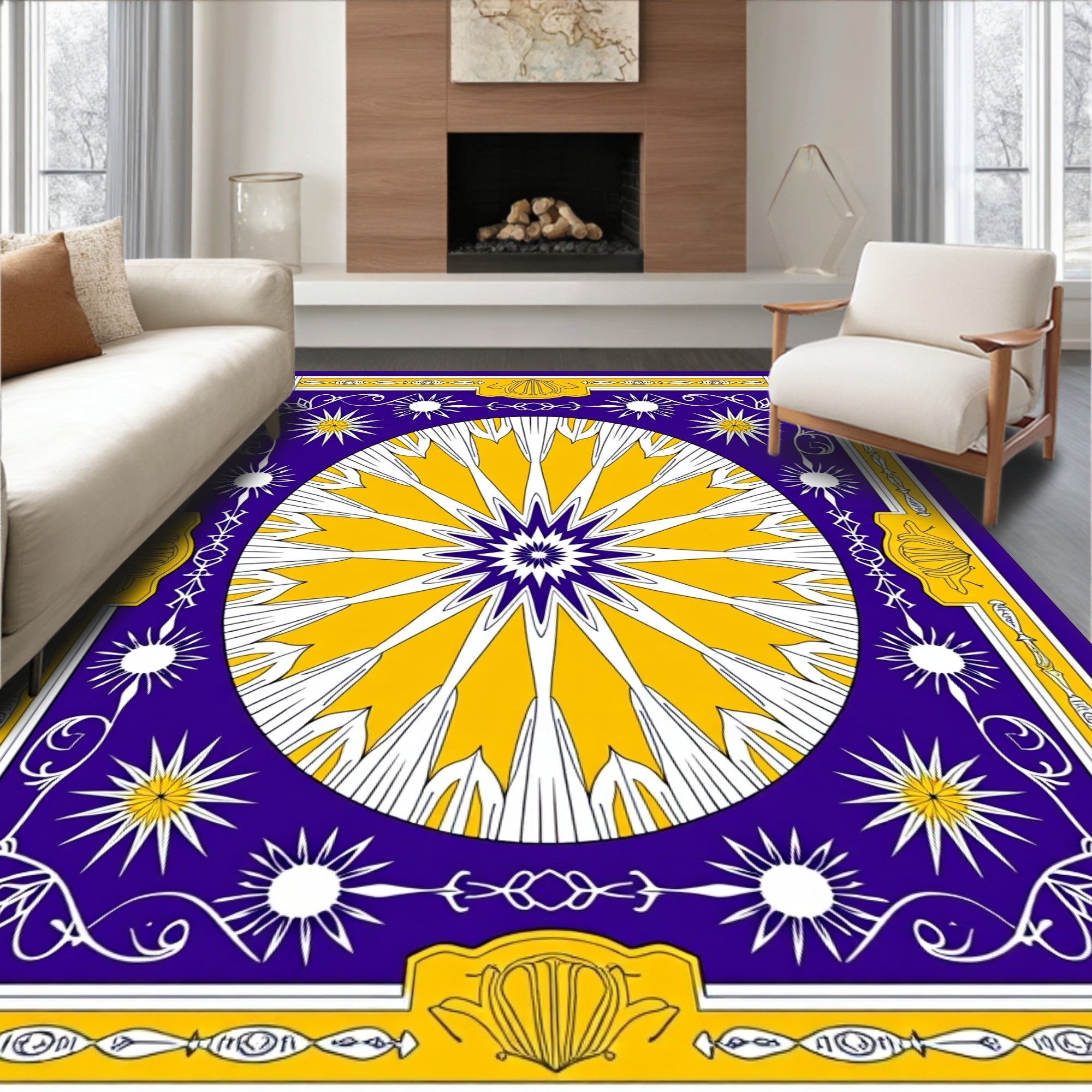 Royal Blue Yellow Sunburst Mandala Rug