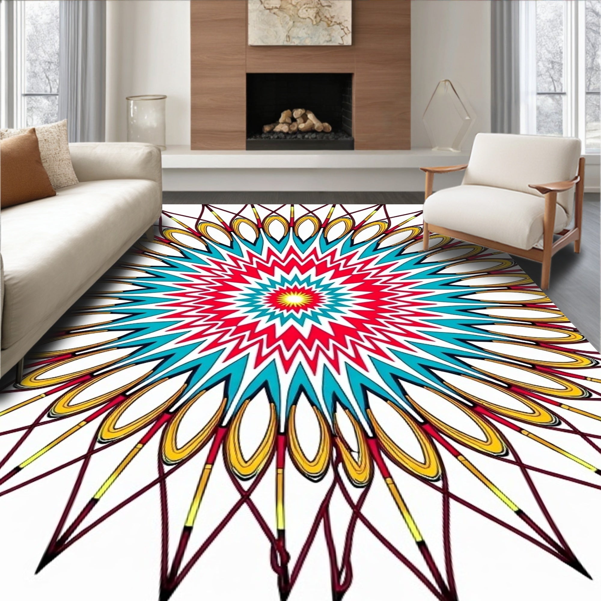 Vibrant Red Teal Sunburst Mandala Rug