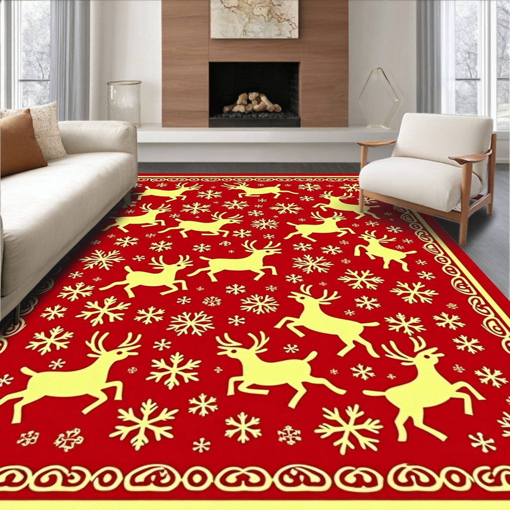 Red Yellow Elk Snowflakes Border Rug