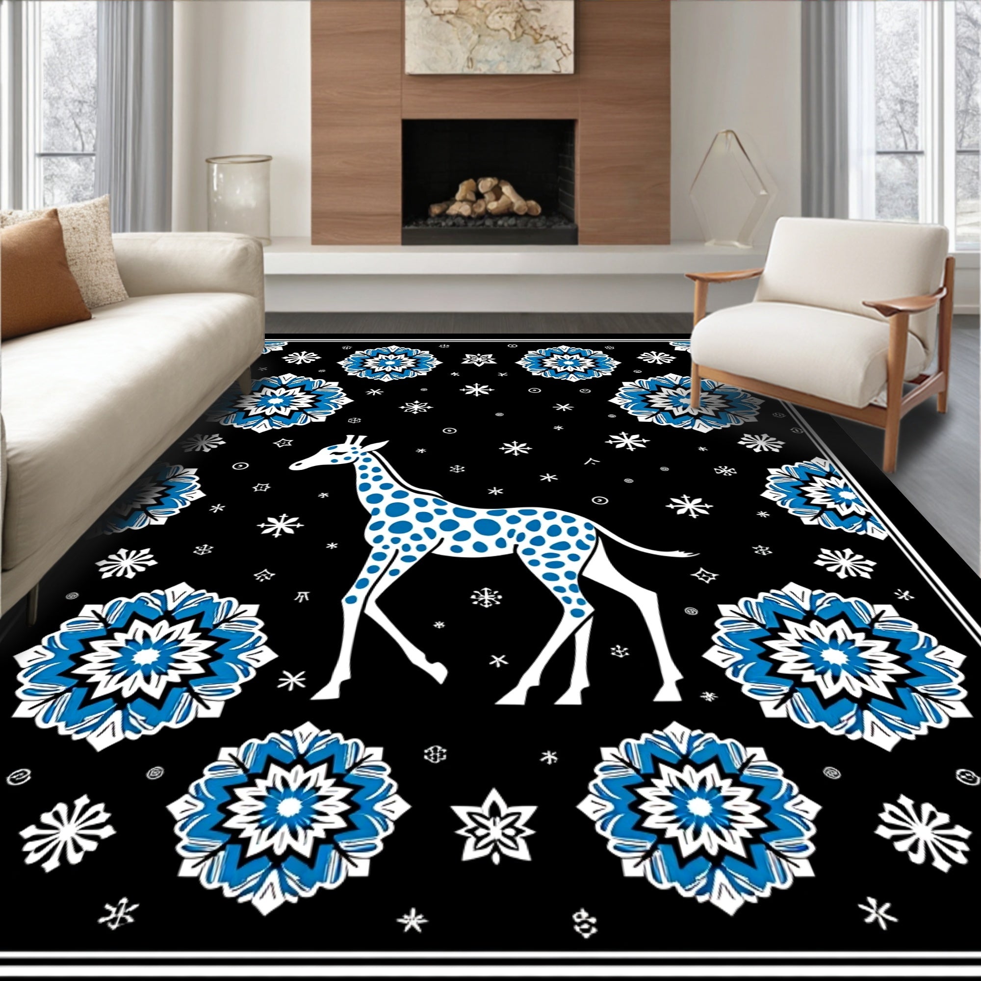 Playful Blue Spotted Giraffe Floral Motif Rug