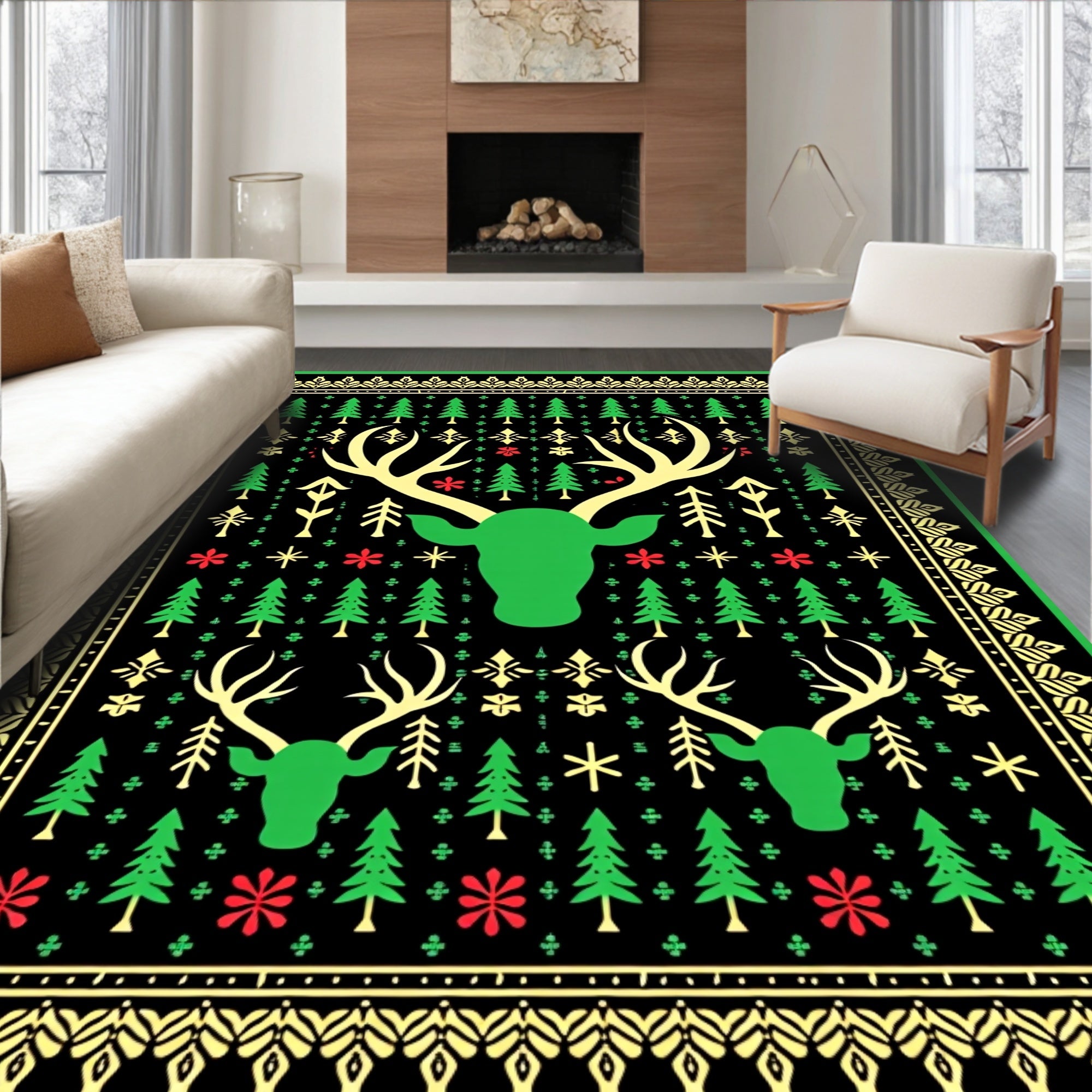 Green Deer Christmas Tree Border Rug