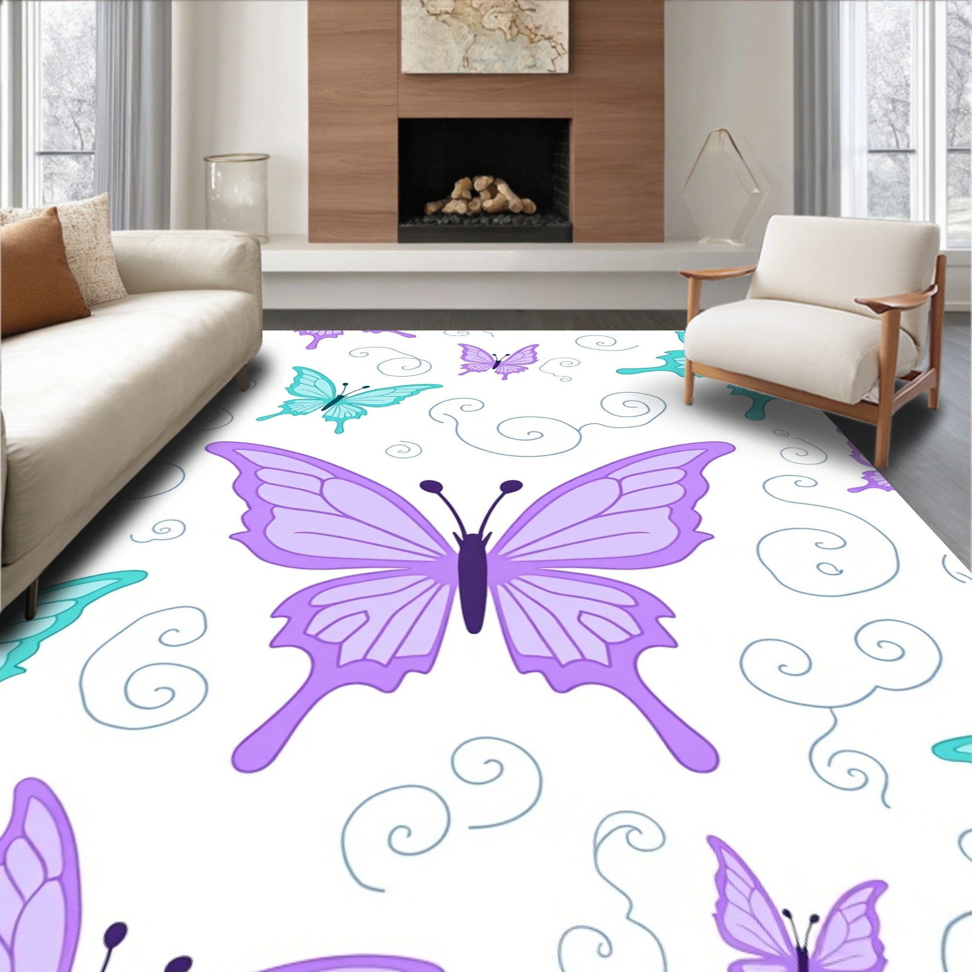 Pastel Lilac Teal Butterfly Swirls Rug