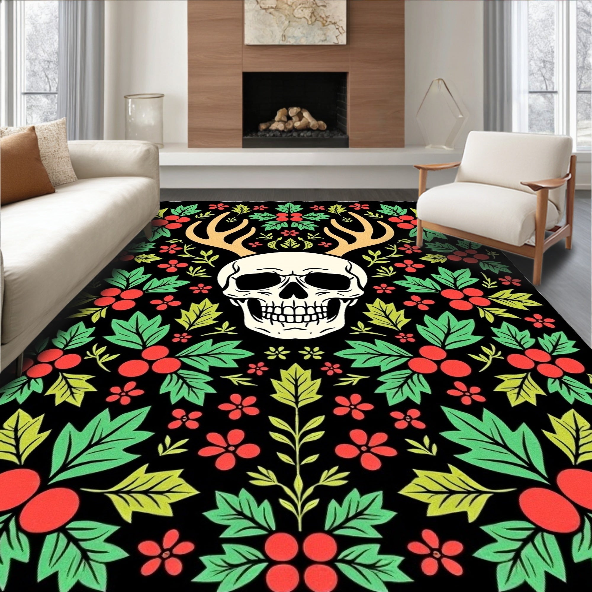Whimsical Cranberry Skull Antler Rug