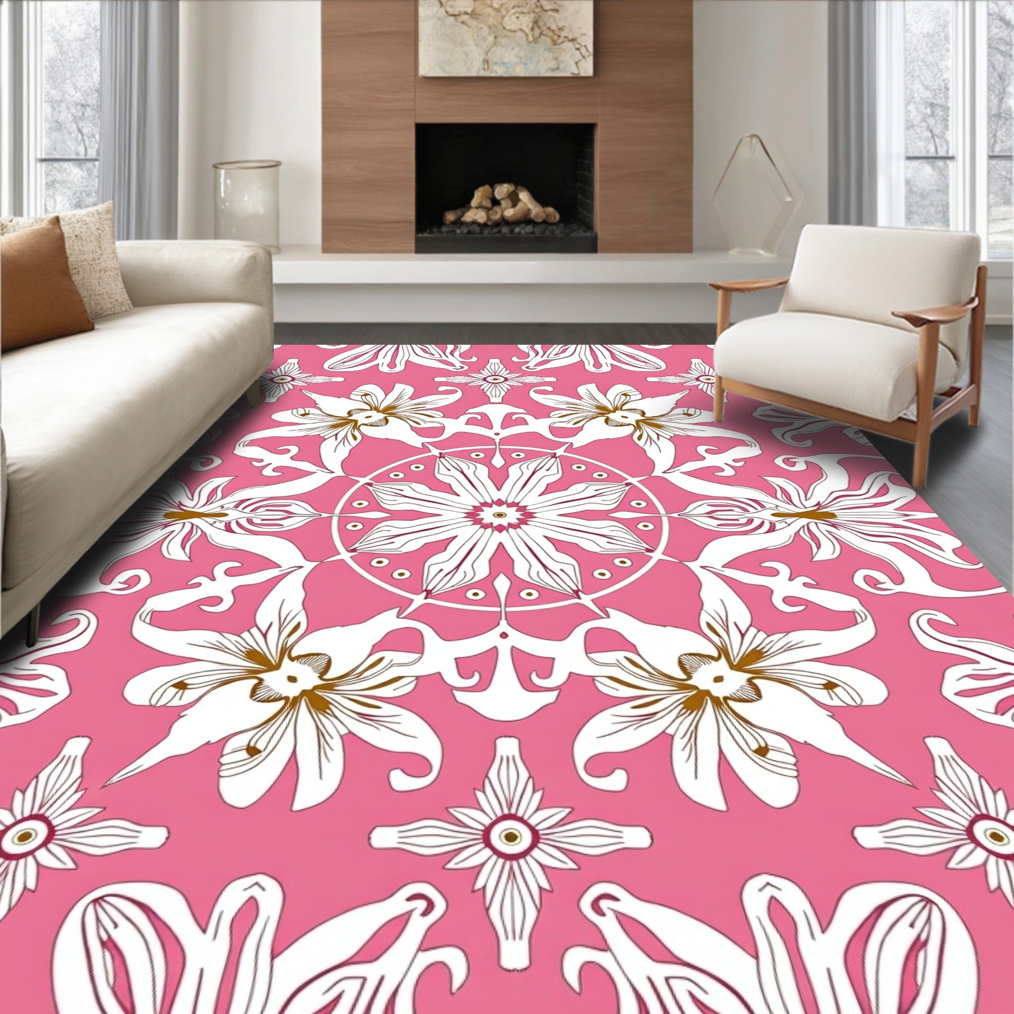 Pink Floral Medallion Art Nouveau Rug