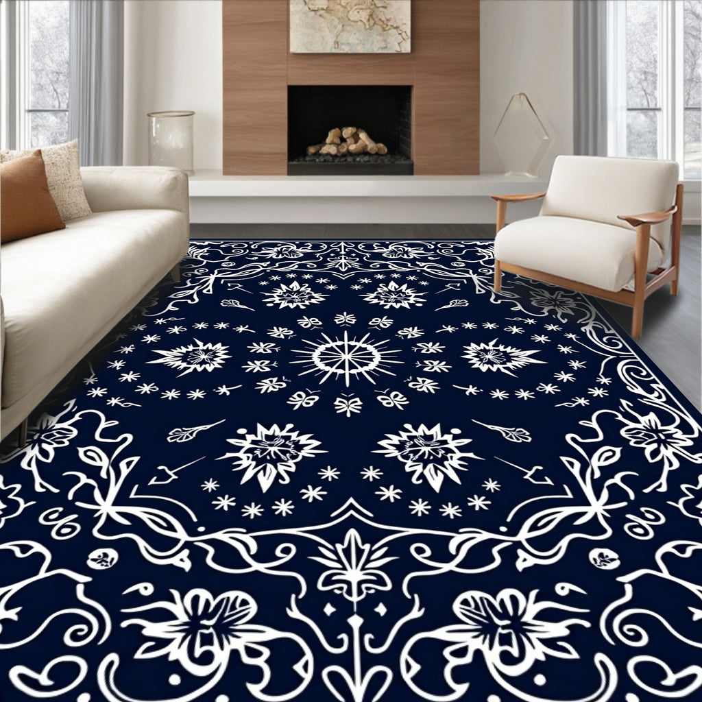 Navy White Floral Garland Sunburst Rug