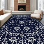 Navy White Floral Garland Sunburst Rug