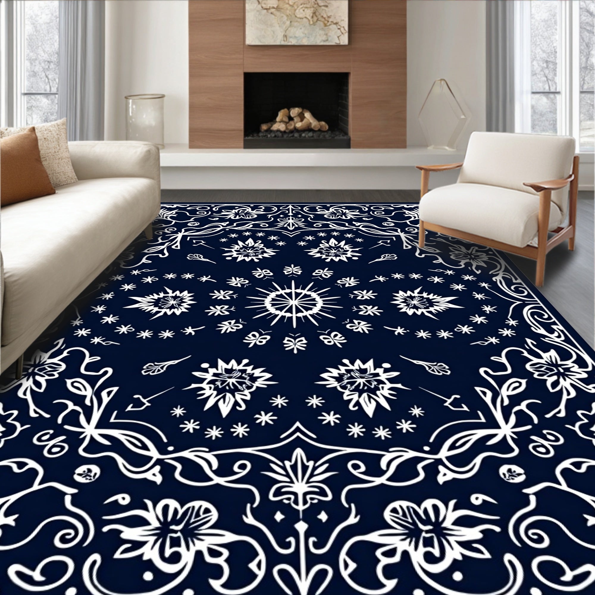 Navy White Floral Garland Sunburst Rug