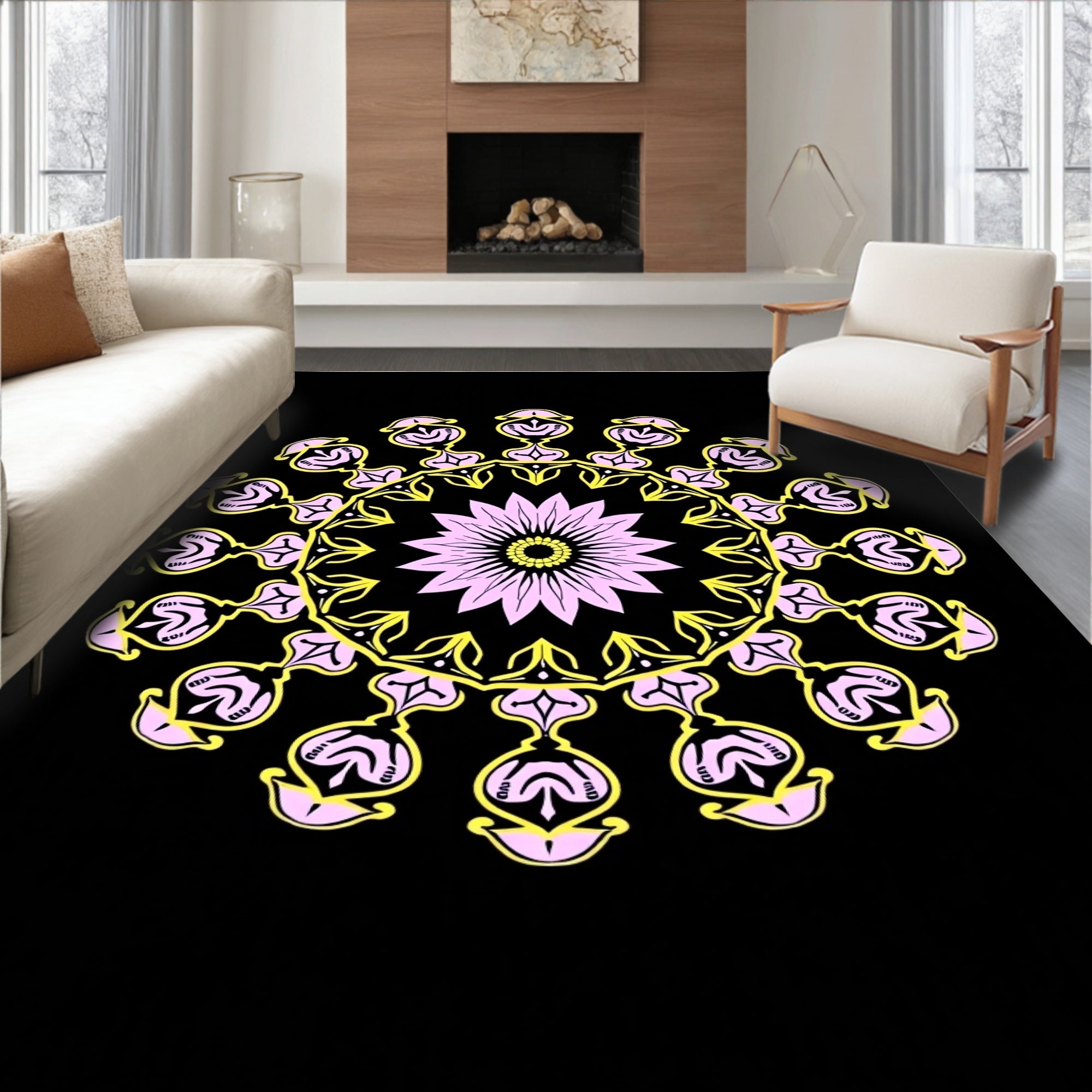 Pastel Pink Yellow Mandala Medallion Rug