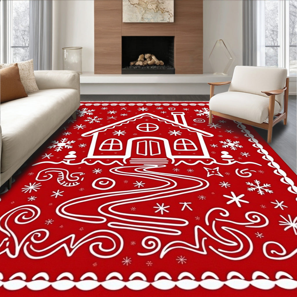 Red Gingerbread House Snowflake Scene Rug