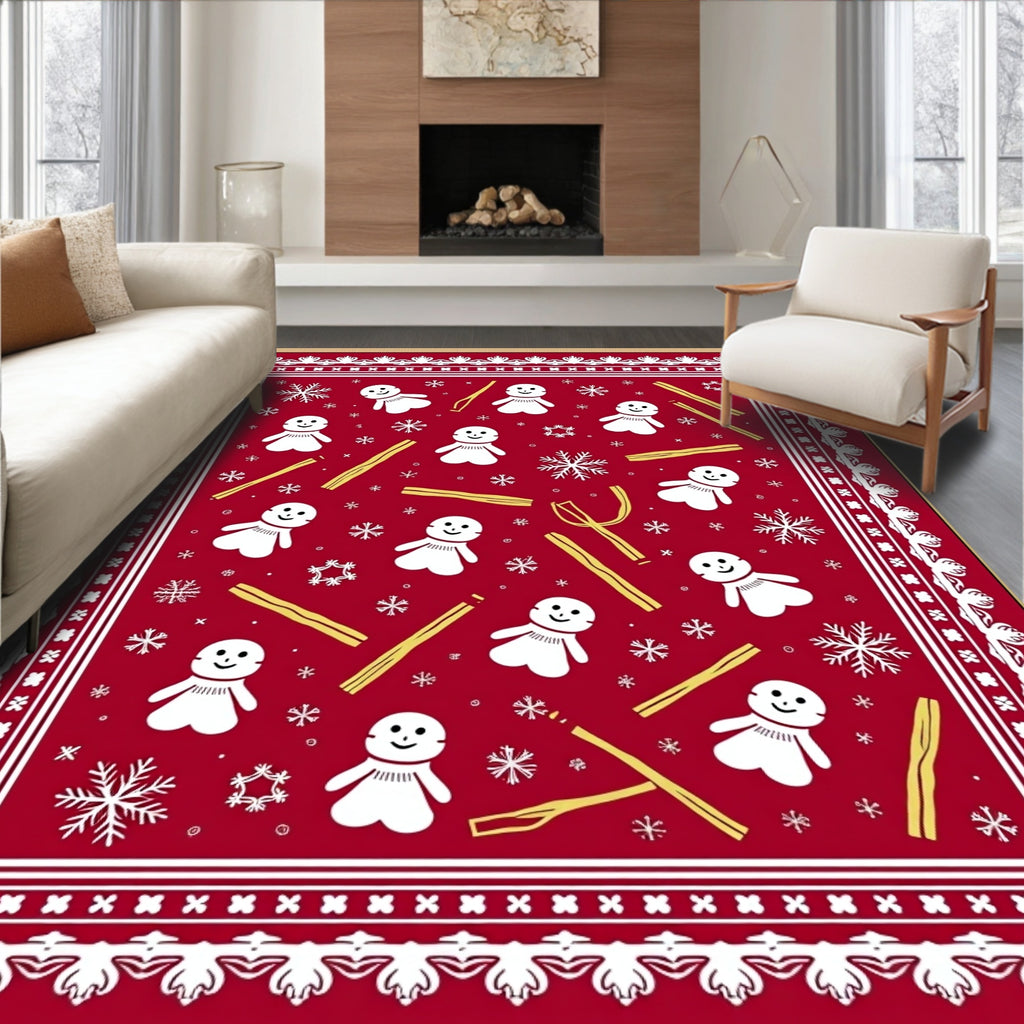 Red Snowman and Snowflakes Folk Art Rug