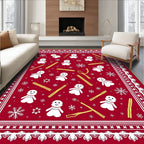 Red Snowman and Snowflakes Folk Art Rug