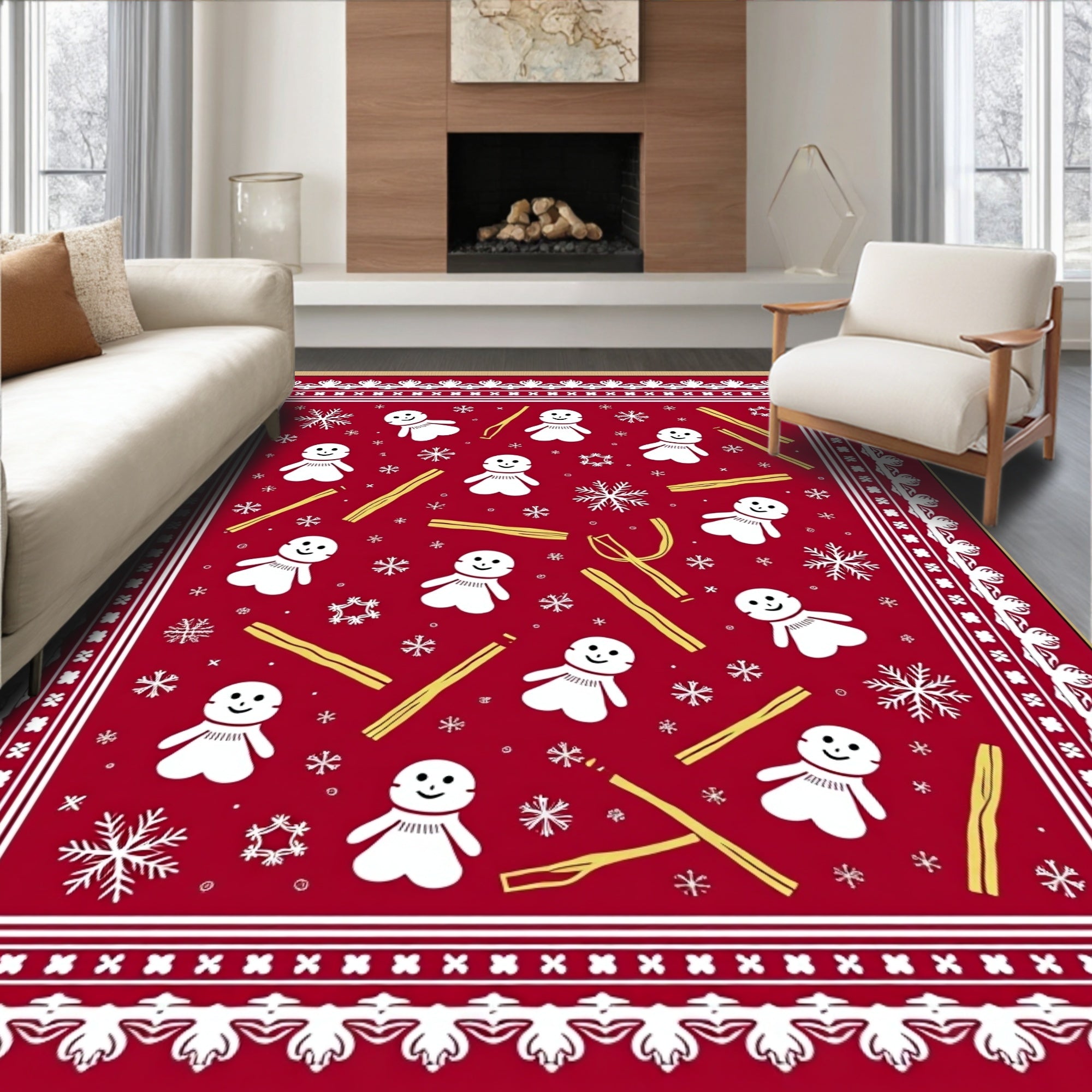Red Snowman and Snowflakes Folk Art Rug