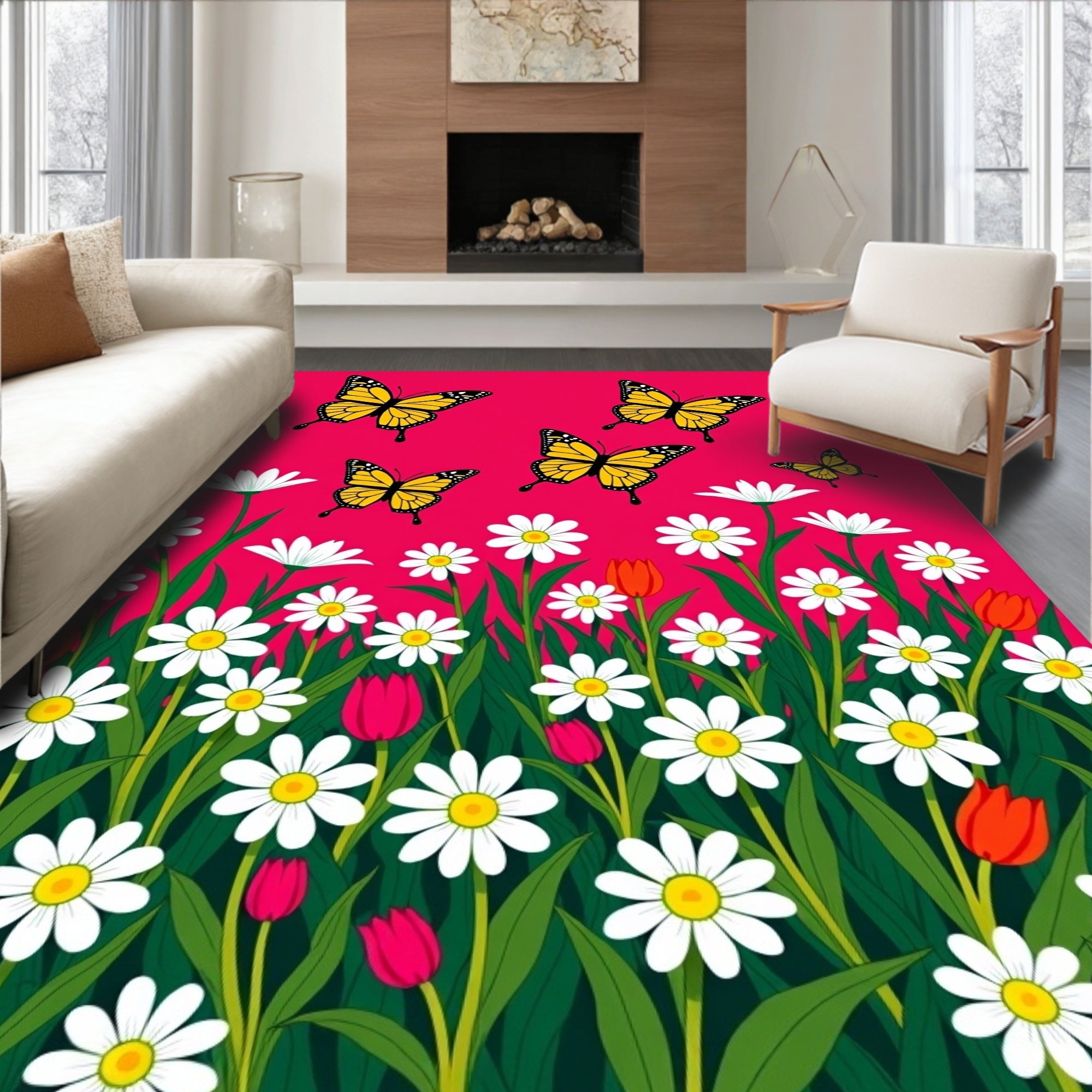 Whimsical Yellow Butterfly Garden Rug