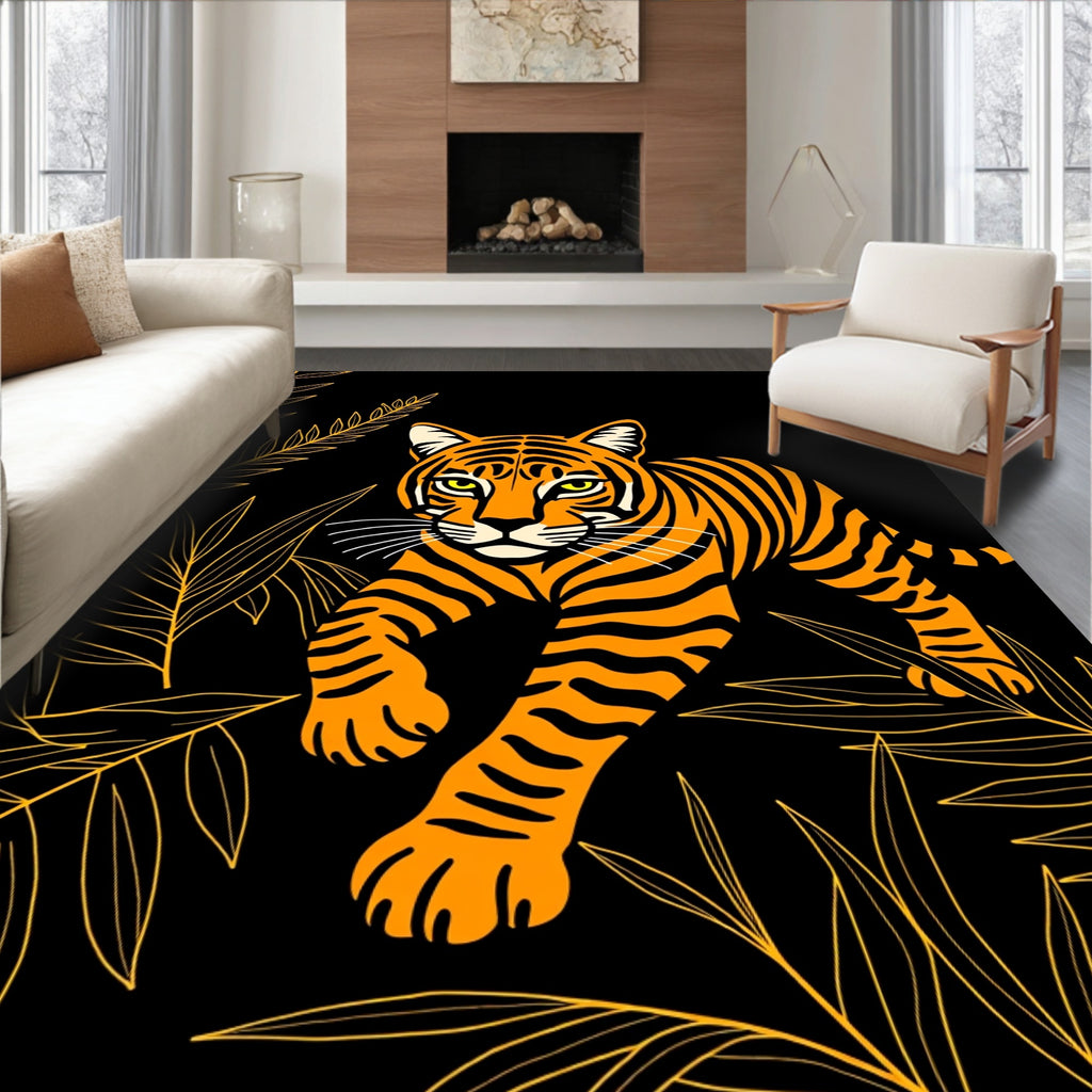 Bold Orange Tiger Jungle Leaves Rug