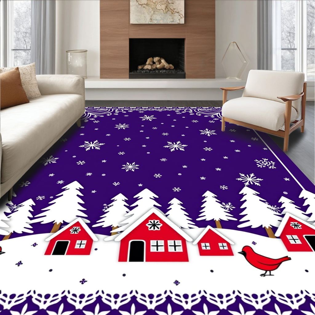 Winter Village Red House Snowflake Scene Rug