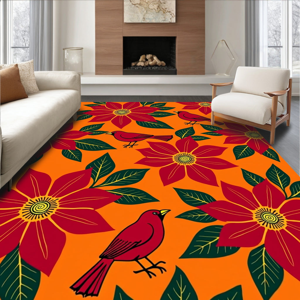 Red Cardinal Floral Garden Arrangement Rug
