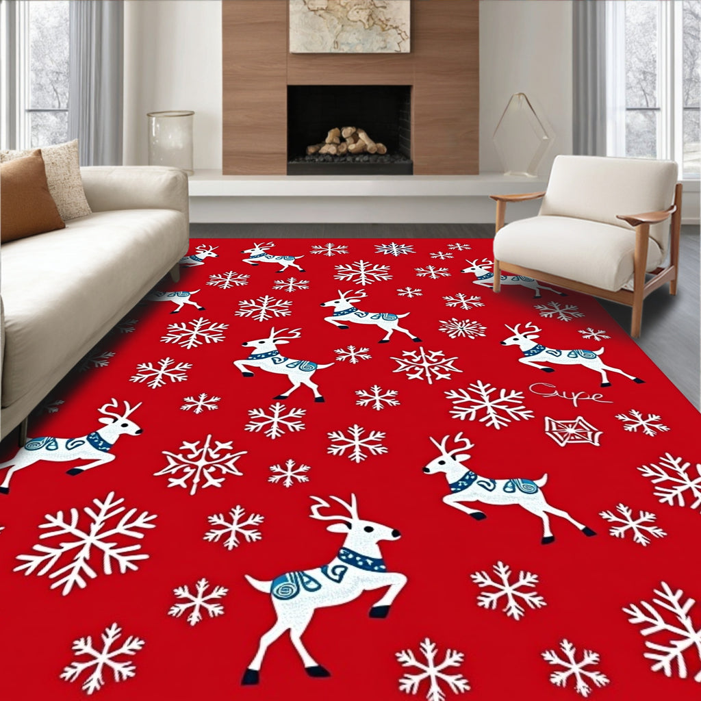 Festive Red Reindeer Snowflake Collection Rug