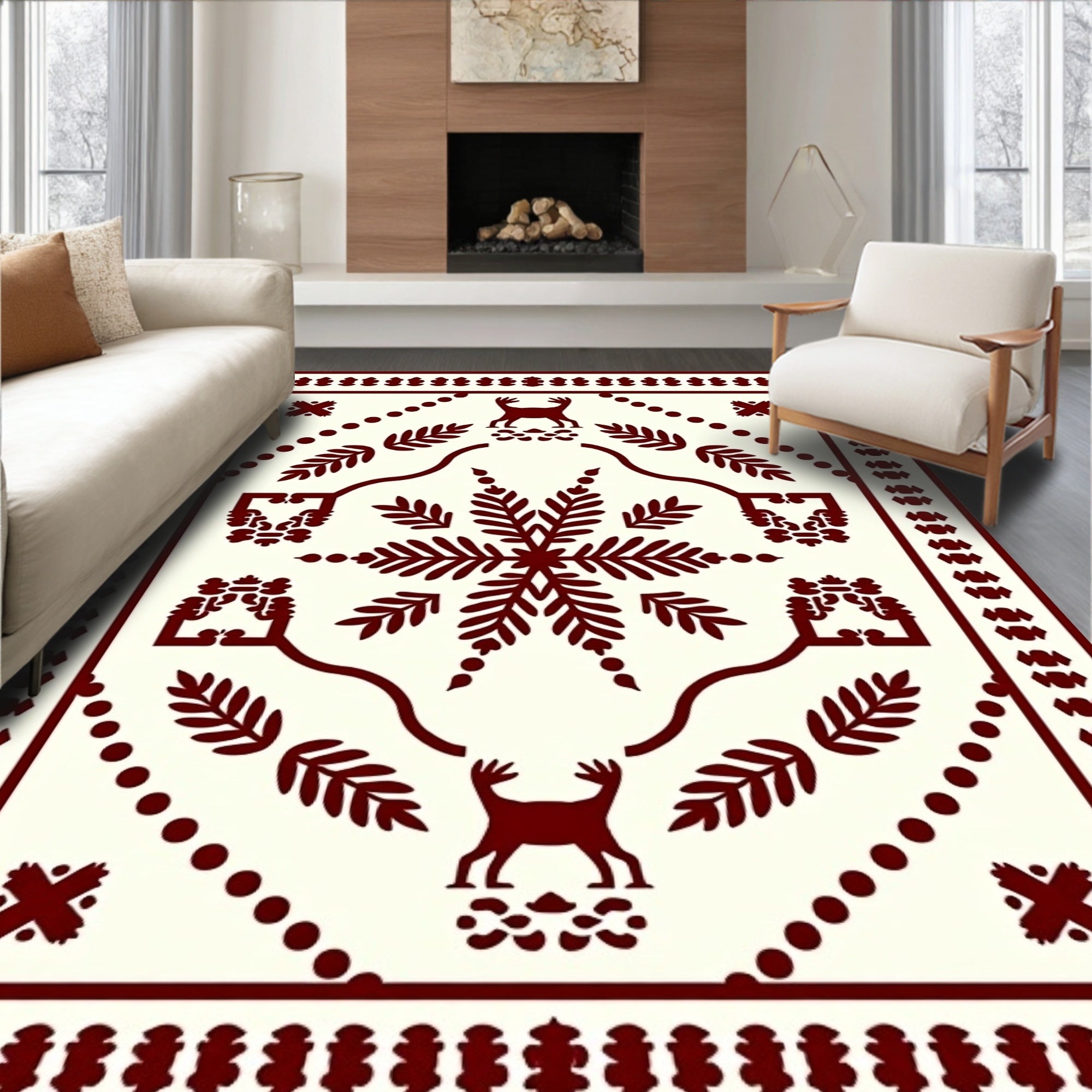 Deep Red Folk Art Deer Medallion Rug