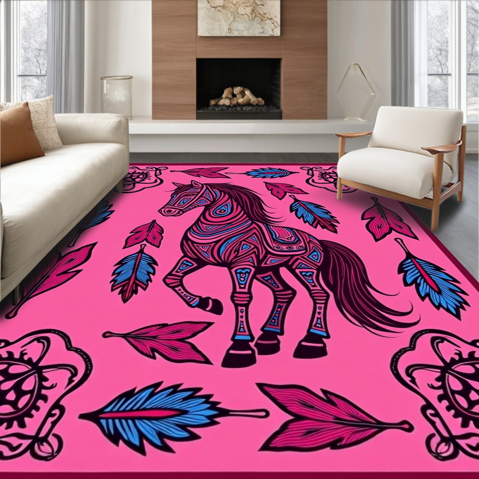 Whimsical Pink Horse Feather Medallion Rug