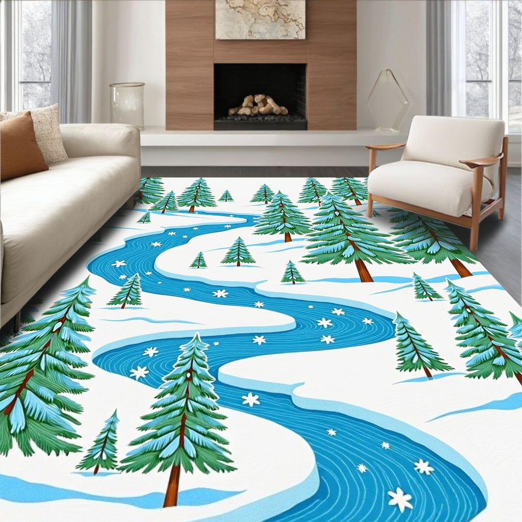 Winter Evergreen River Snowflakes Scene Rug