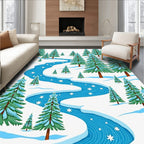 Winter Evergreen River Snowflakes Scene Rug
