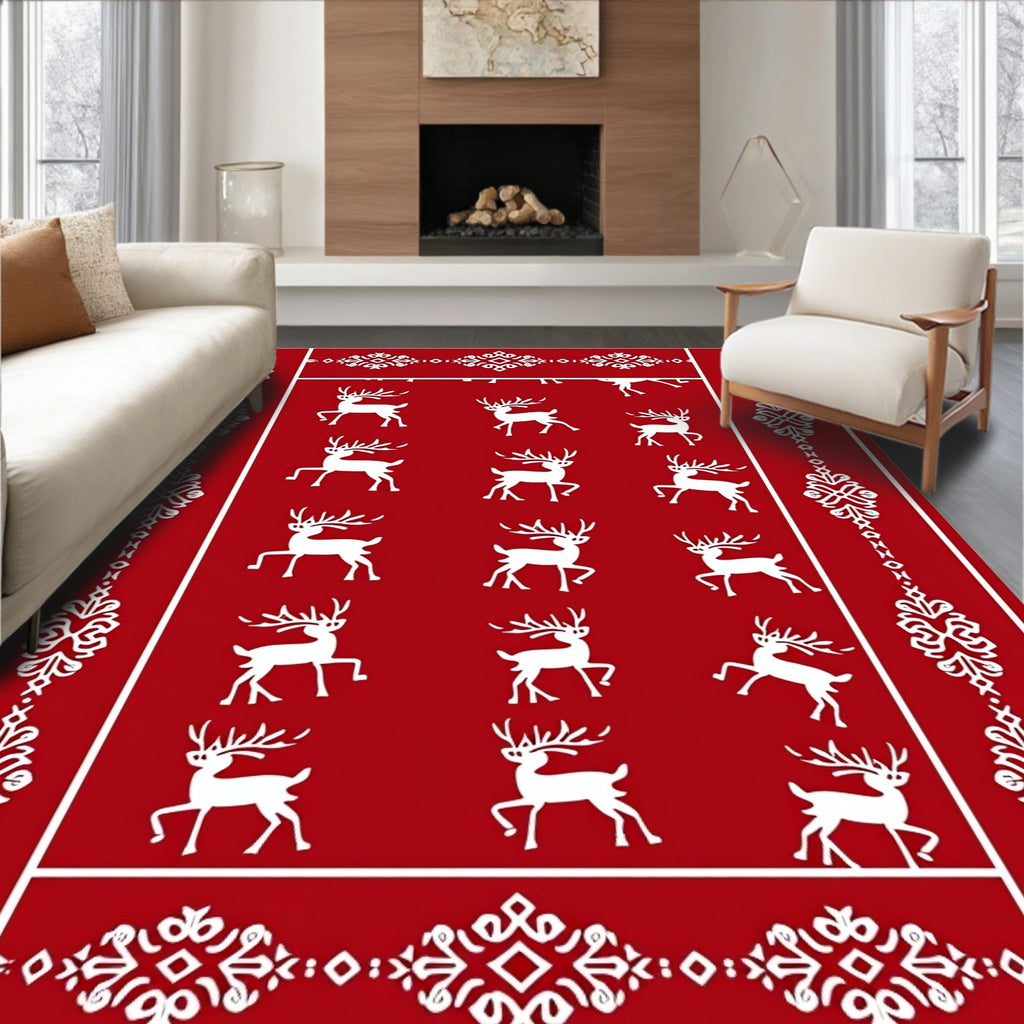 Red White Reindeer Snowflake Border Rug