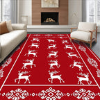 Red White Reindeer Snowflake Border Rug