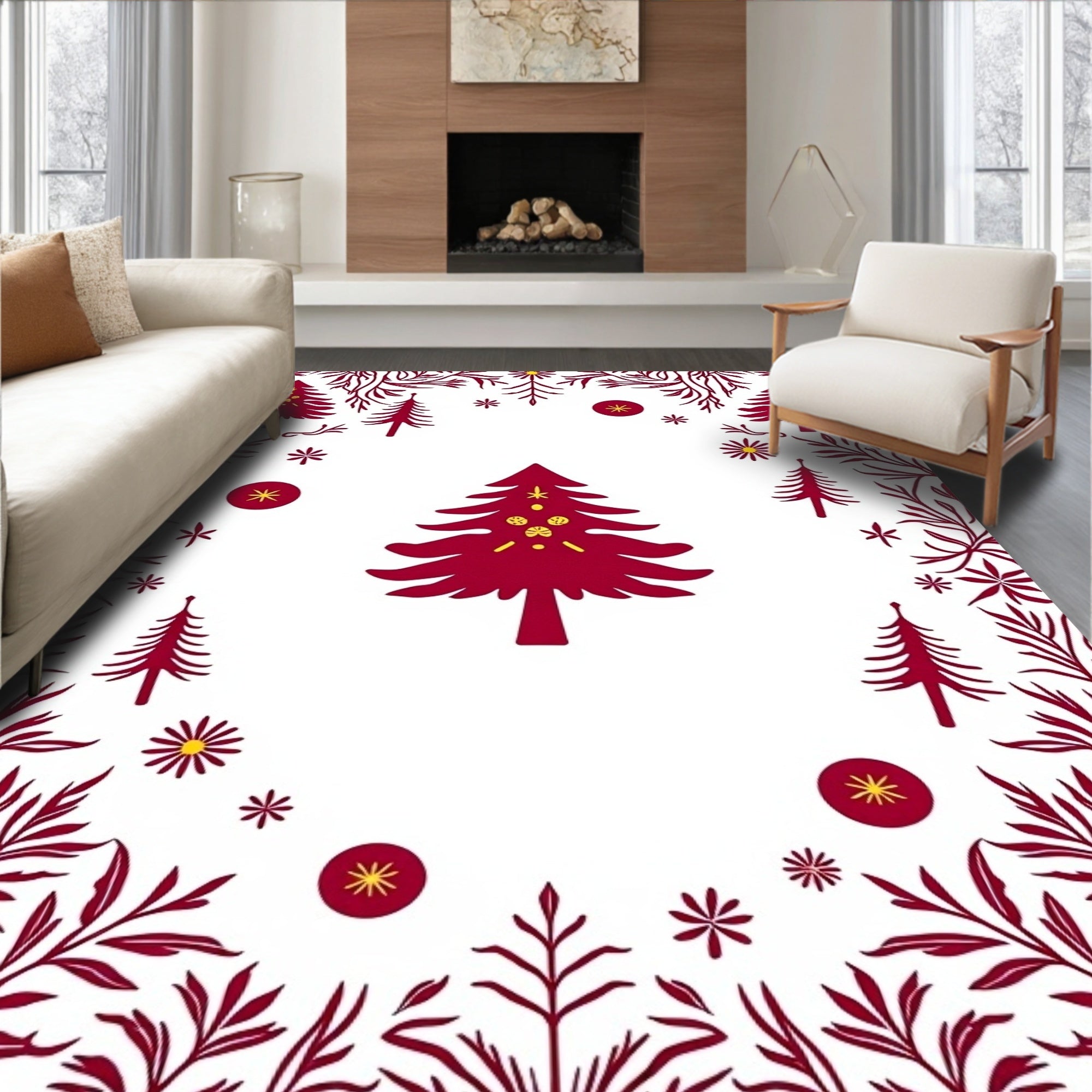 Deep Red Pine Garland Border Rug