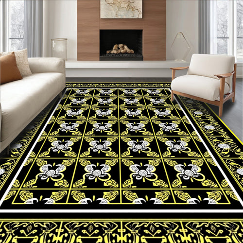 Black Yellow Floral Motif Rug