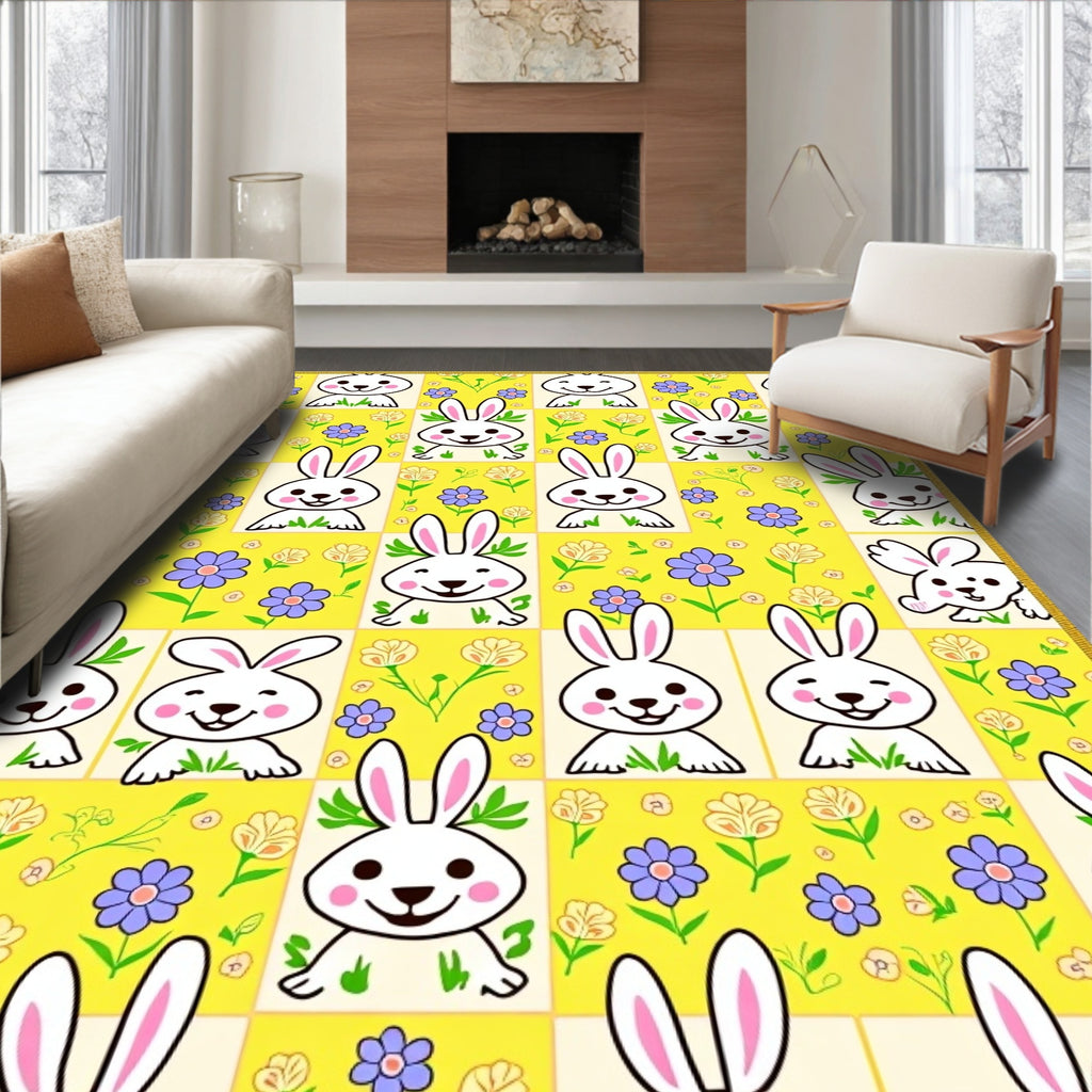 Whimsical White Bunny Yellow Floral Patchwork Rug