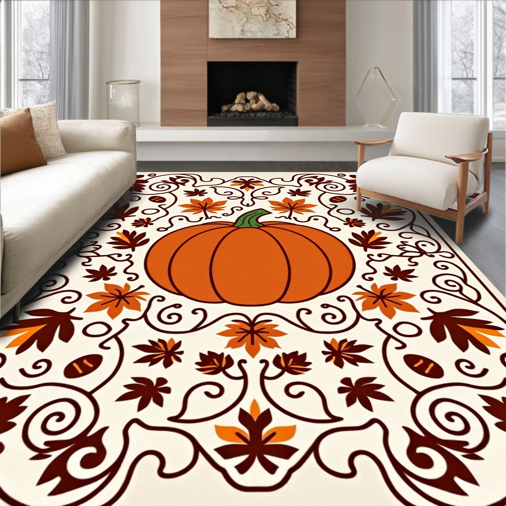 Orange Pumpkin Autumn Leaf Vine Rug