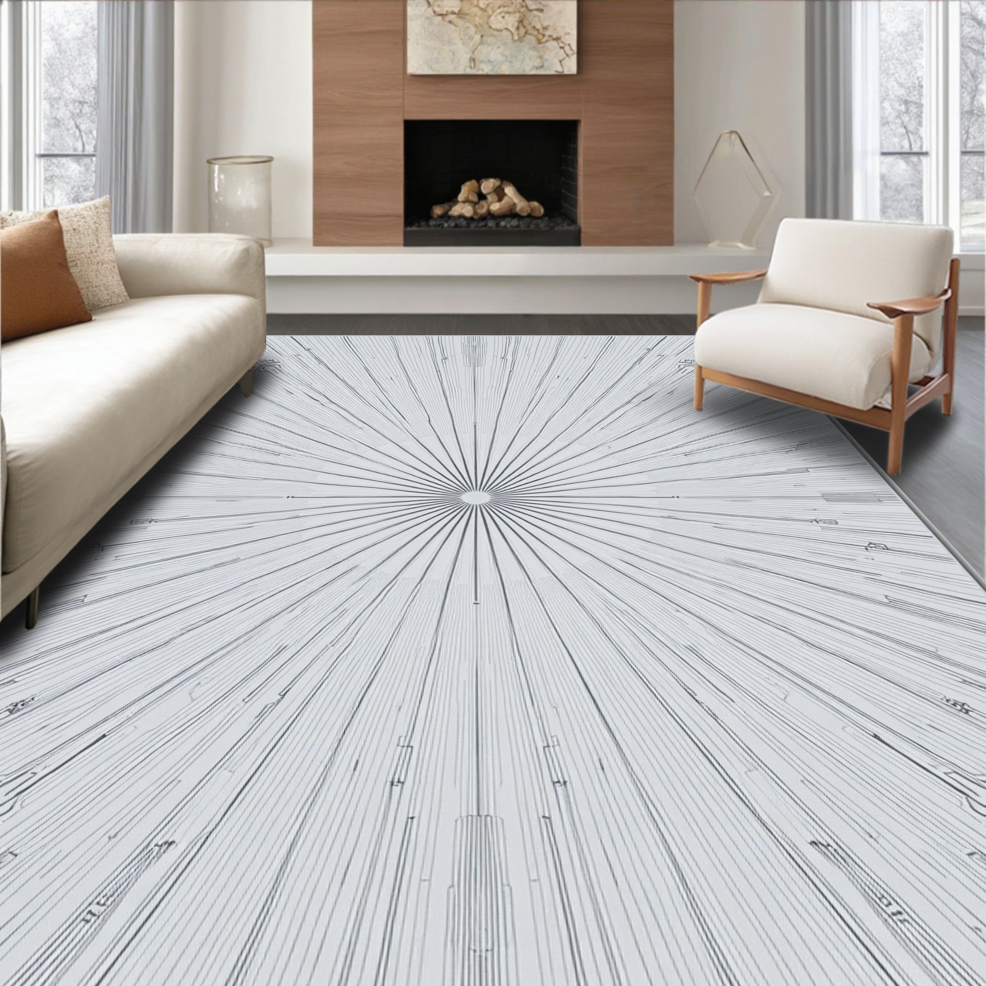 Radiating Sunburst Gray Line Art Rug