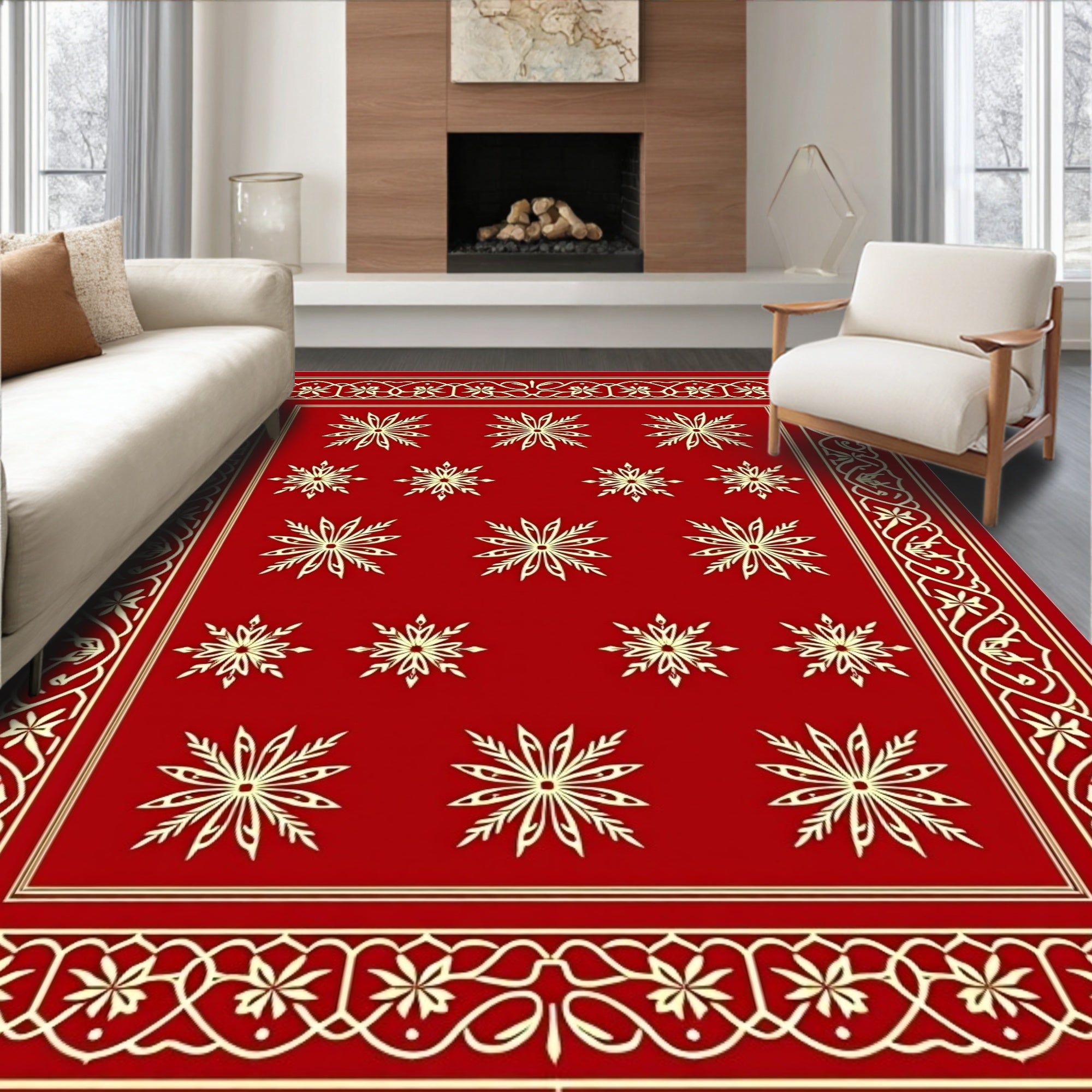 Crimson Ornamental Starburst Border Rug