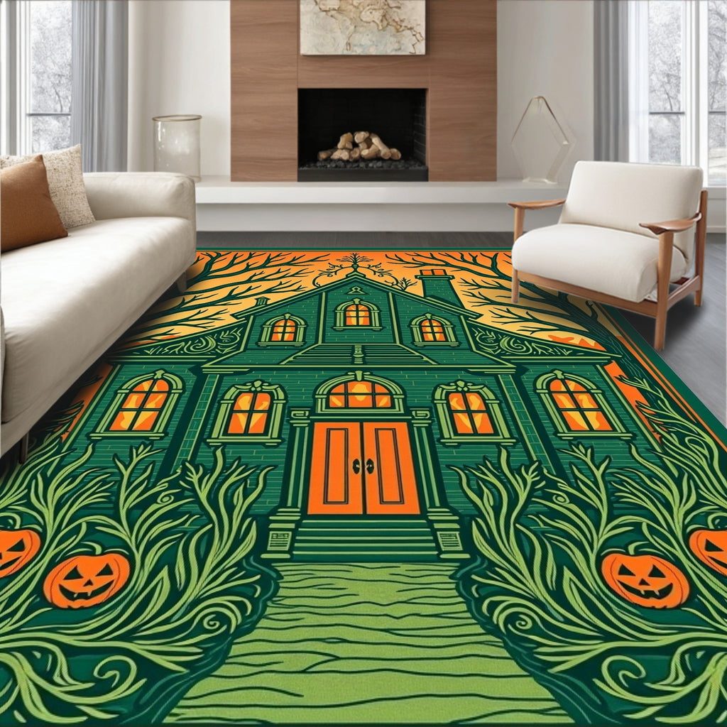 Spooky Green Haunted House Pumpkins Rug