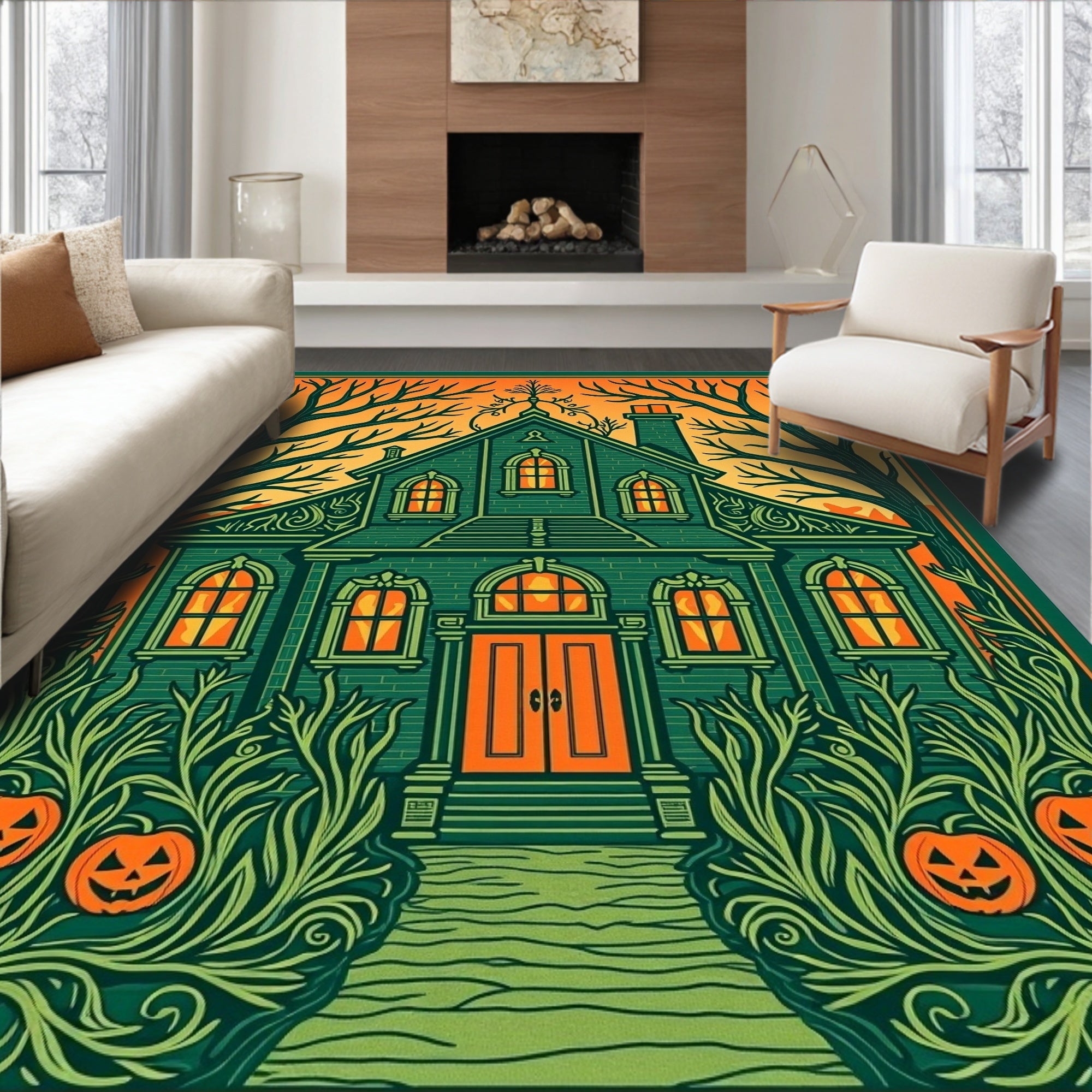 Spooky Green Haunted House Pumpkins Rug