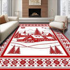 Crisp Red Winter Village Scene Rug
